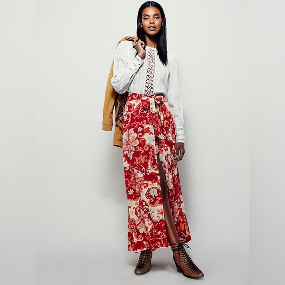 FREE PEOPLE Persimmon Combo Young Thing Red / Beige Maxi Mini Wrap Skirt Size 12